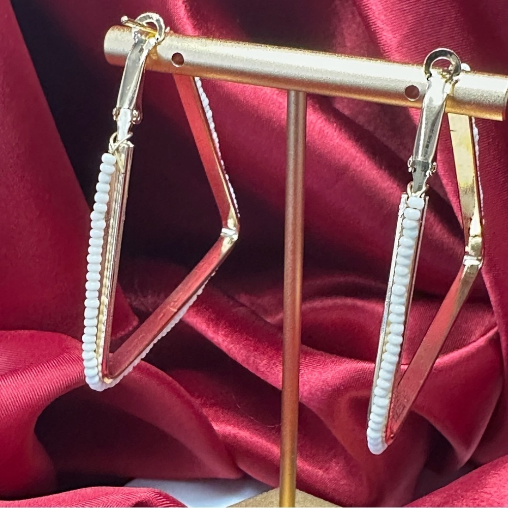 White Beaded Triangle Hoop Earrings | Bold Geometric Statement Jewelry | NWT - Picture 7 of 11